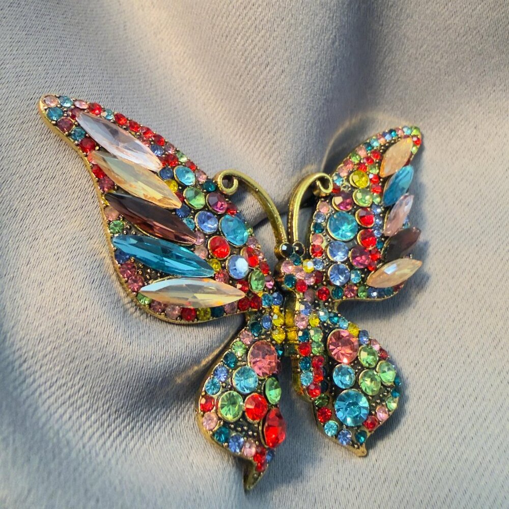 Butterfly Brooch Multicolor Rhinestone Crystal Statement 3.25" - Picture 3 of 6